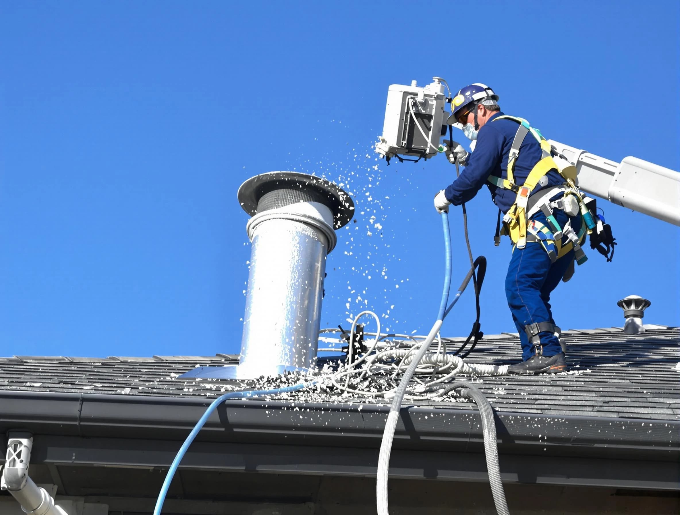 Sunset Dryer Vent Cleaning certified technician safely cleaning a roof-mounted dryer vent in Sunset