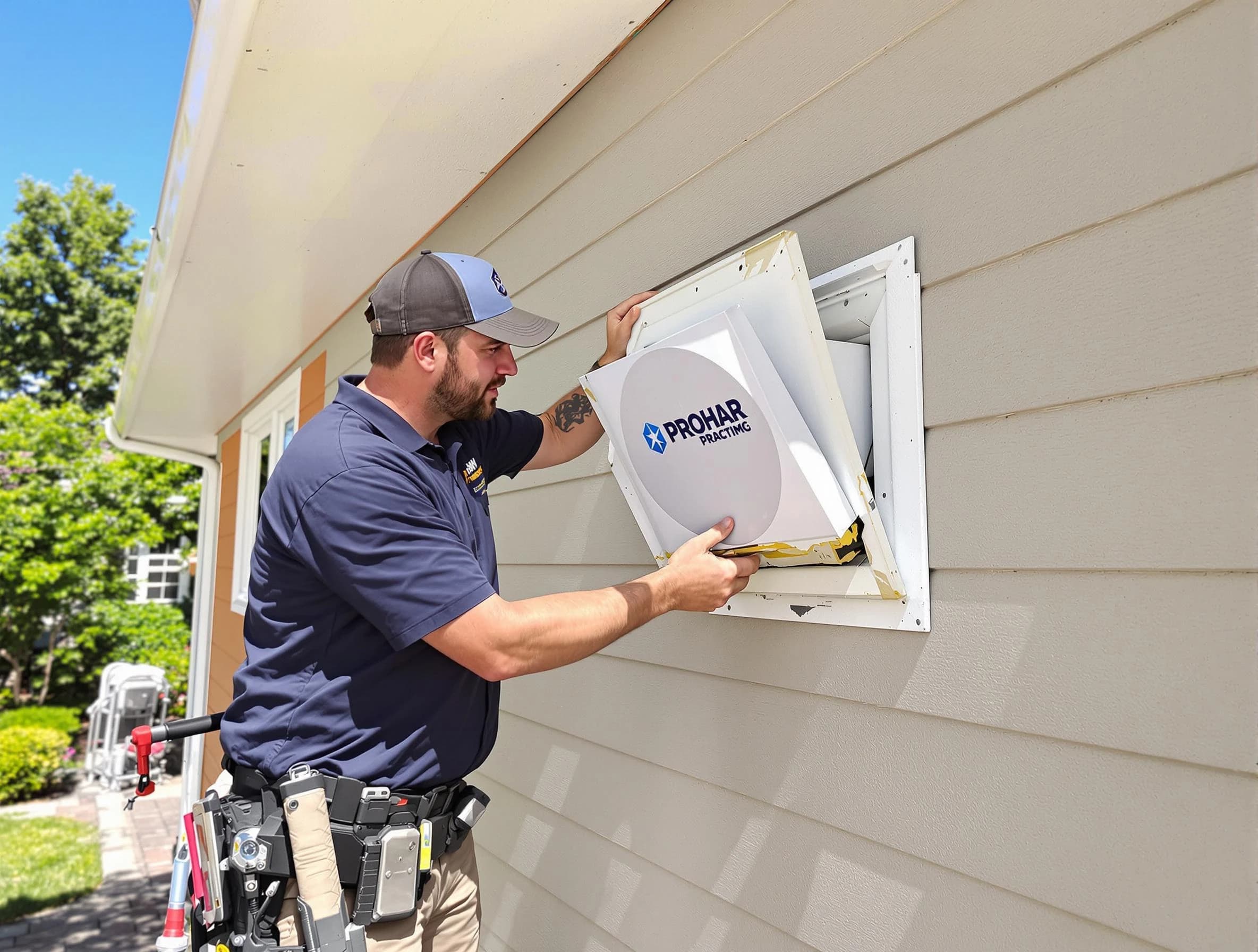 Sunset Dryer Vent Cleaning technician installing a new protective dryer vent cover on a home in Sunset