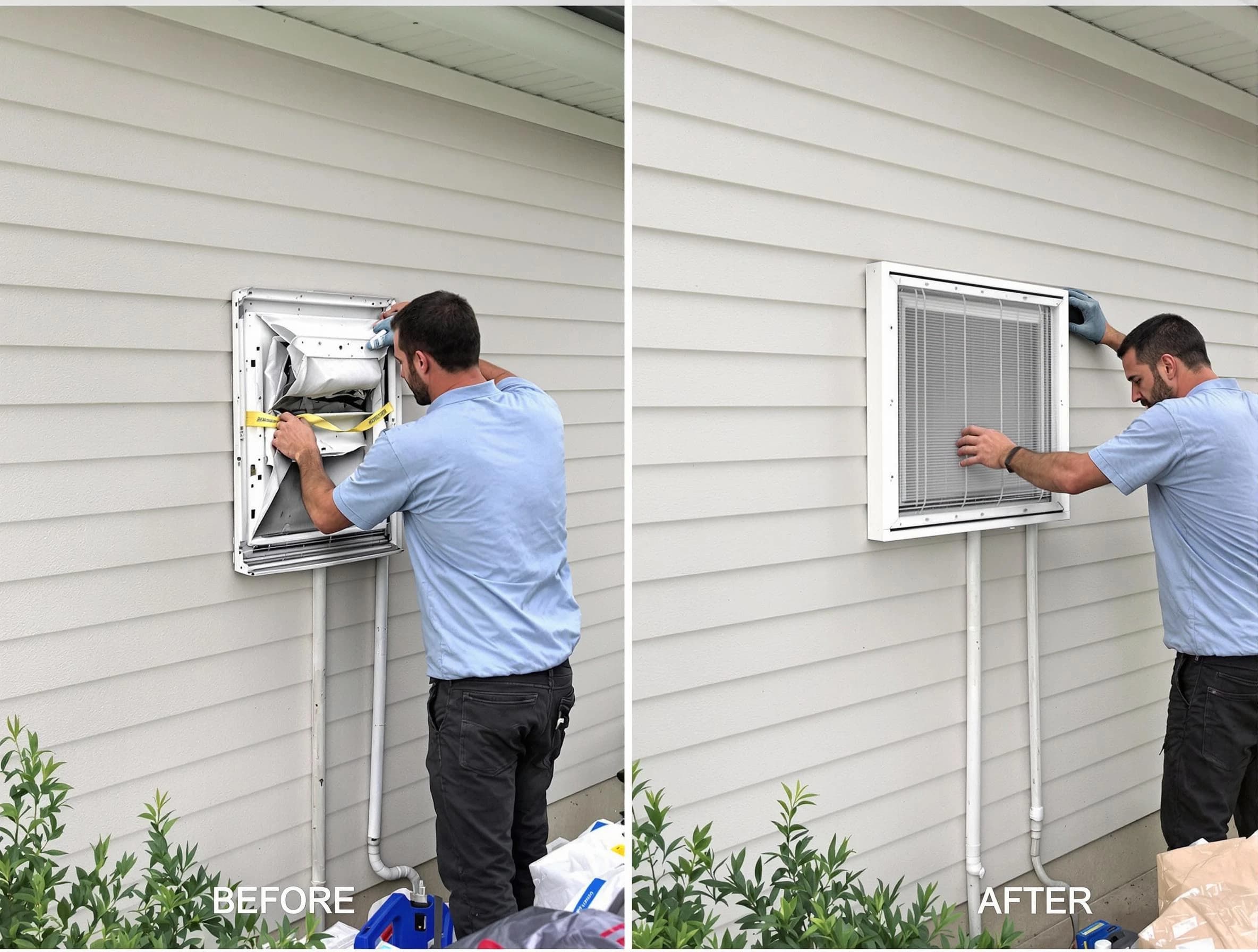 Sunset Dryer Vent Cleaning technician installing high-quality dryer vent cover at a residential property in Sunset
