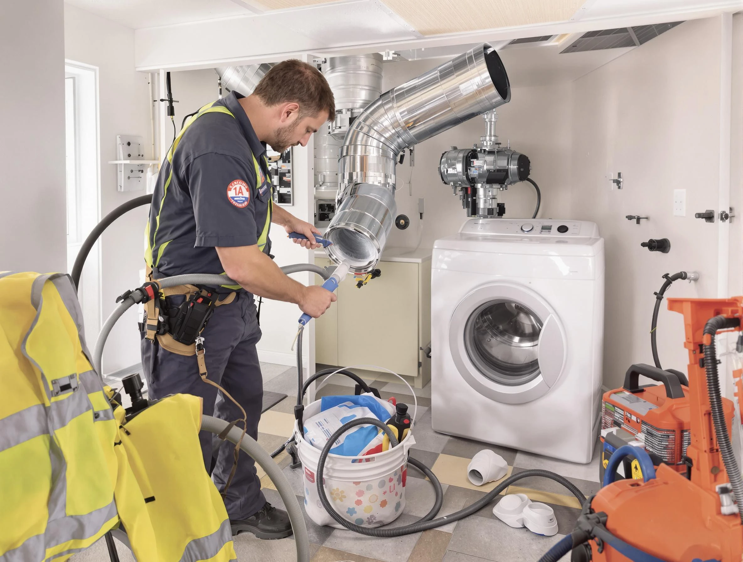 Sunset Dryer Vent Cleaning technician using specialized equipment to clear severe dryer vent blockage in Sunset
